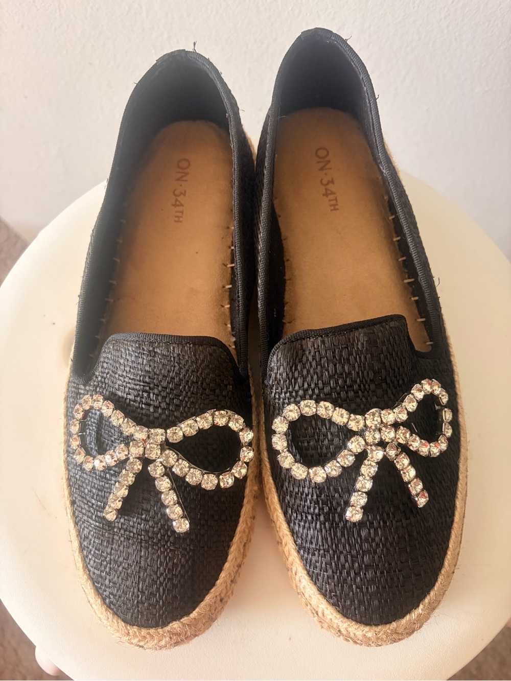 ON34TH Black Raffia Espadrille Loafers with Crystal Bow